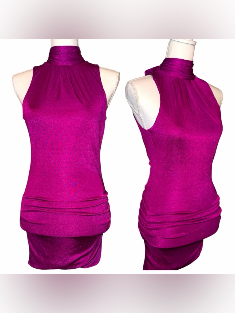 Y2K Vintage Marciano Open Tie Back Ruched Pleated Bodycon Fuchsia Mini Dress - Picture 2 of 9